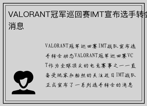 VALORANT冠军巡回赛IMT宣布选手转会消息